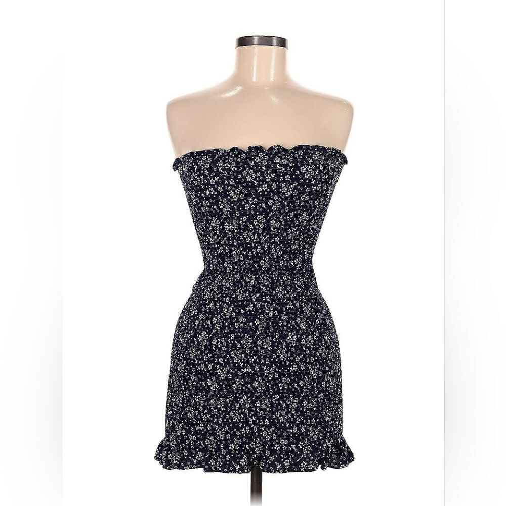 Reformation Navy Blue Strapless Mini Dress with White Floral Print